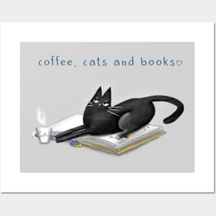 Cartoon black cat on a book and the inscription "Books, cats and coffee" Posters and Art